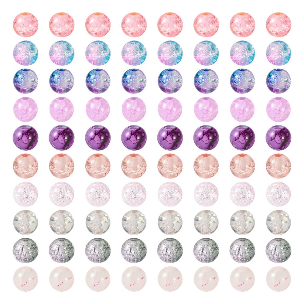 Cheriswelry 200Pcs 10 Style 8-9mm Crackle Glass Beads Pink & Purple Glass Round Beads Frosted Beads Imitation Pearl Loose Bead for Jewelry Making
