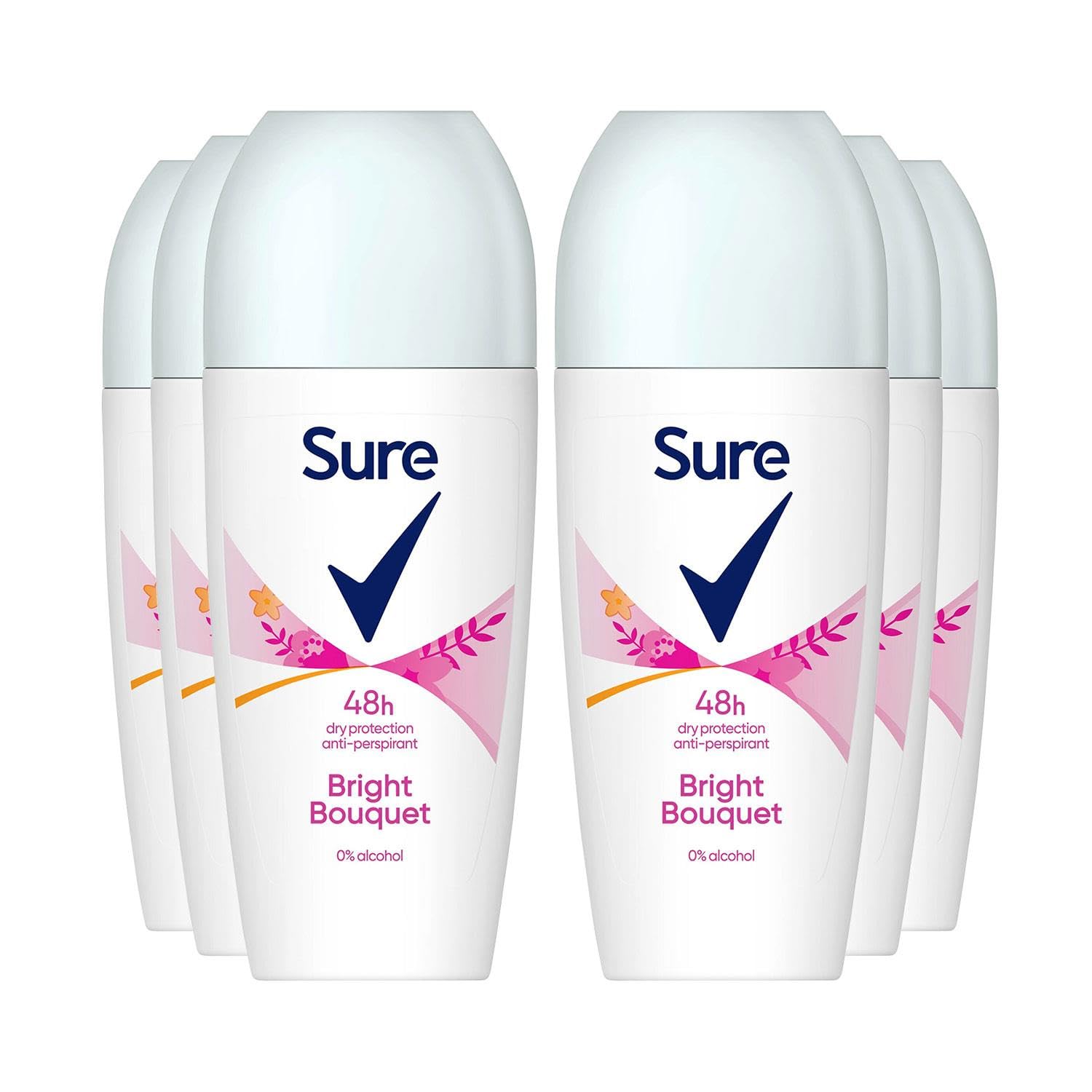 SureAntiperspirant Roll On Bright Bouquet 48H Sweat and Odour Protection Roll On with Fresh, Light and Clean Scent Deodorant for Women, 50ml Pack of 6