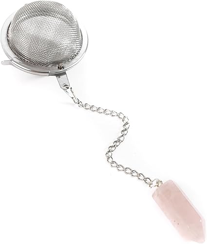 Infusor de té de cristal, té de hojas sueltas con dije de piedra preciosa de cuarzo rosa genuino para té, bebida de hierbas, filtro de té de bola de