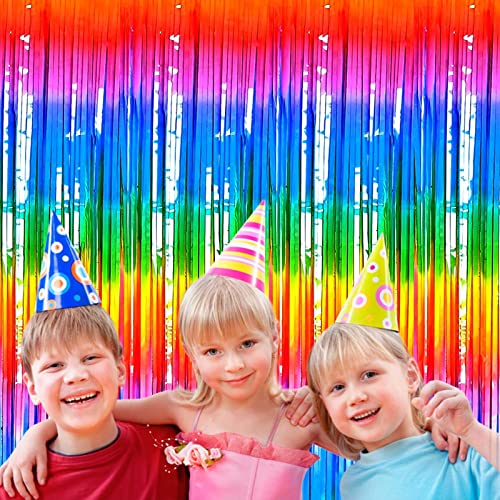 Image of 4 Pack Macaron Dark Rainbow Foil Fringe Curtain Backdrop, 3.28Ft x 8.2Ft Colorful Streamers Curtains for Party, Photo Booth Props, Birthday, 2022 Mother's Day Decoration Supplies