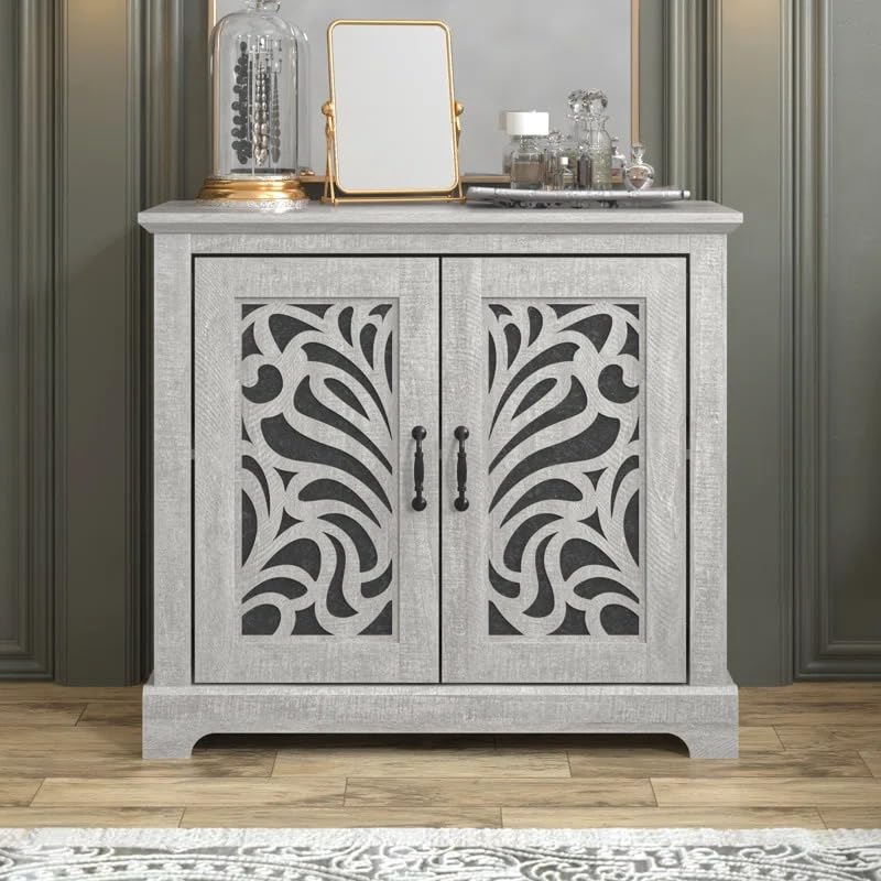 Image of Handicraft Accent Cabinet for Living Room, Mango Wood & Engineered Wood Storage Cabinet, Carved Design, Multiple Styles, 30 x 15 x 30 inches (HOB-Design-5)