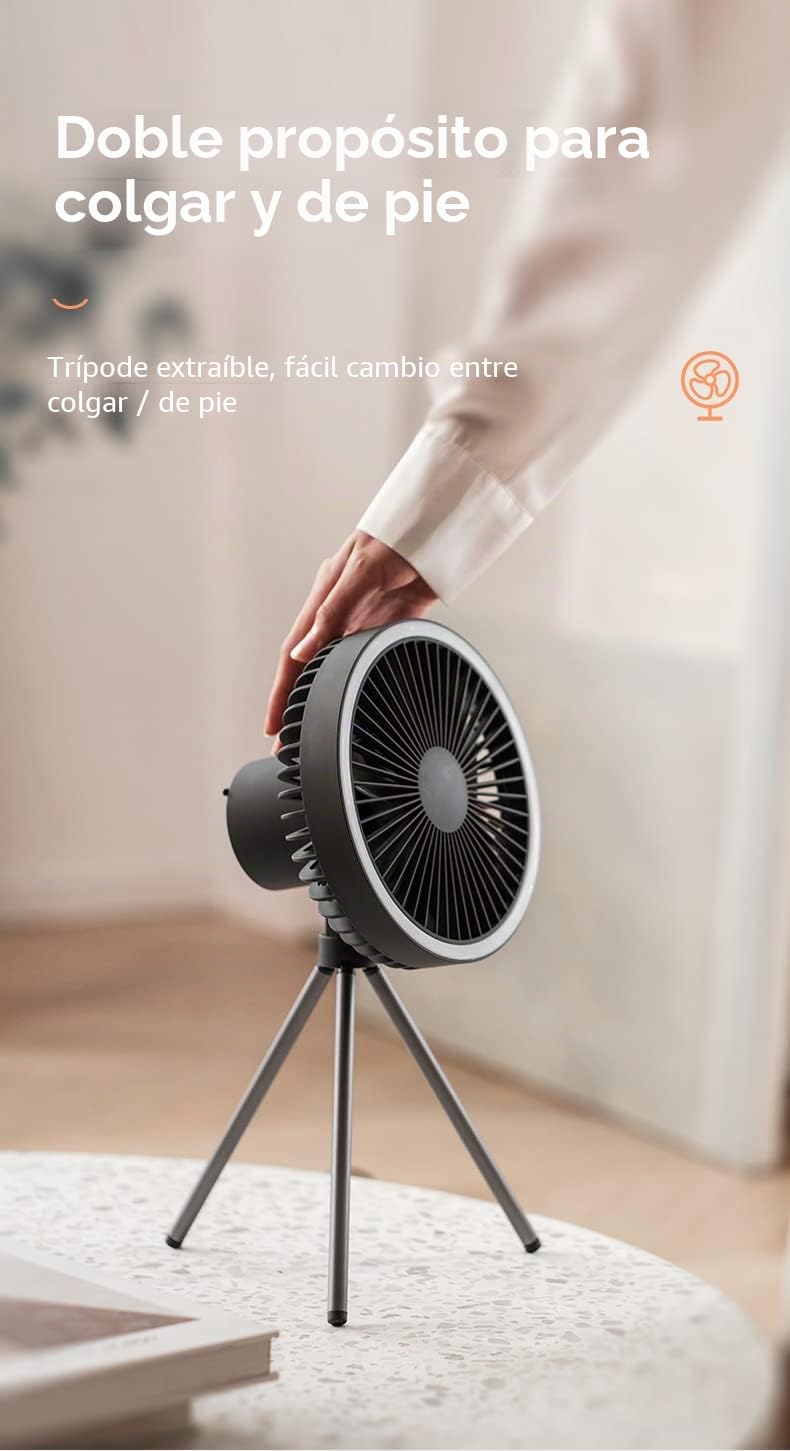 Ventilador de tienda con trípode, ventilador de escritorio con luz, 18 x 18 cm, 560 g, 10000 mAh, tiempo de trabajo 27 H (gris)