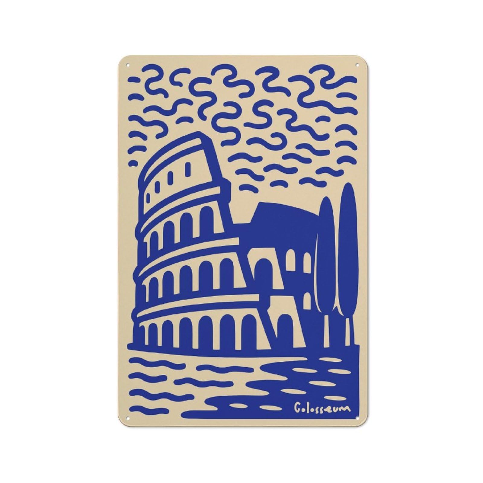 Junmoney Style-21 Tin Wall Plaque 30X20cm With Colosseum Illustration In Blue And Beige For Workshop Wall, With Clear Retro Wall Decor Character