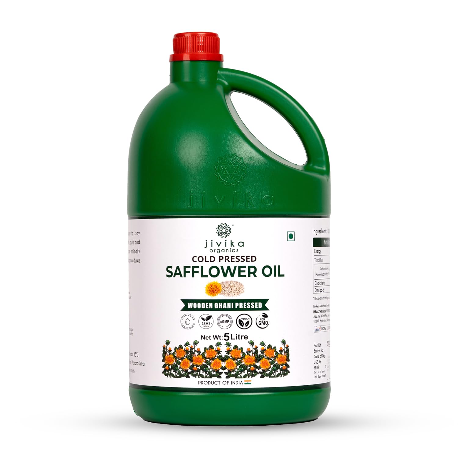 Jivika Wood Pressed Safflower Oil 5 litre | Kolhu/Chekku | Extracted on Wooden Churner | Natural | Chemical-Free | Cold Pressed Safflower Oil for Cooking
