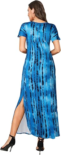 Miniatura 4 de Arolina - Vestido de verano largo hasta el tobillo para mujer, manga corta, cuello en V, estilo casual, corte suelto, con abertura lateral