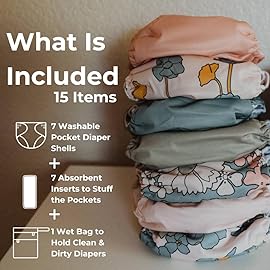 Nora\'s Nursery Cloth Diapers 7 Pack with 7 Inserts & 1 Wet Bag - Waterproof Cover, Washable, Reusable & One Size Adjustable Pocket Diapers for Newborns and Toddlers - Delilah