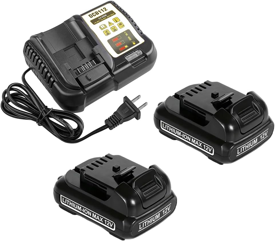 2Pack 12V Battery 2.0Ah Replacement for Dewal 12v Battery with DCB112 Charger Combo Kit Compatible with Dewal 12/20V Max Charger Replace Batteries DCB120 DCB121 DCB123 DCB125 DCB127 DCB20-XE
