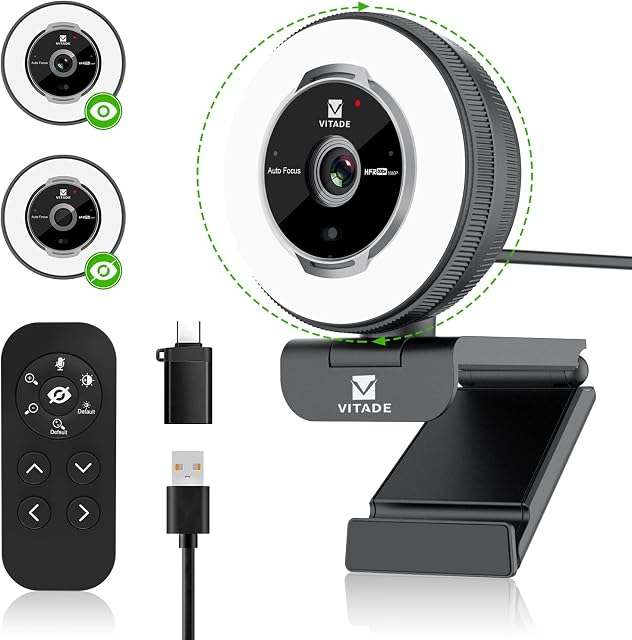 VITADE Streaming Webcam with Ring Light, Zoomable Web Camera with Remote Controls, 1080P 60FPS, Fast AutoFocus, Built-in Privacy Cover, Noise Reduction Mics, for PC Mac Laptop Desktop Zoom Skype Teams