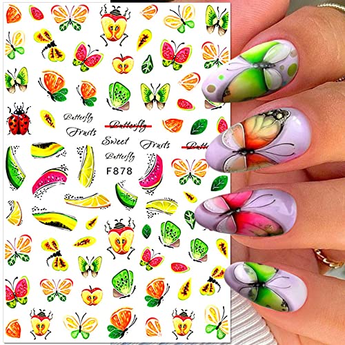 Dornail 8 Sheets Summer Fruit Nail Stickers 3D Lemon Strawberry Peach Avocado Cherry Nail Decals Self Adhesive Sticker Diy Nail Design Nail Art Decoration Accessories #TOP3