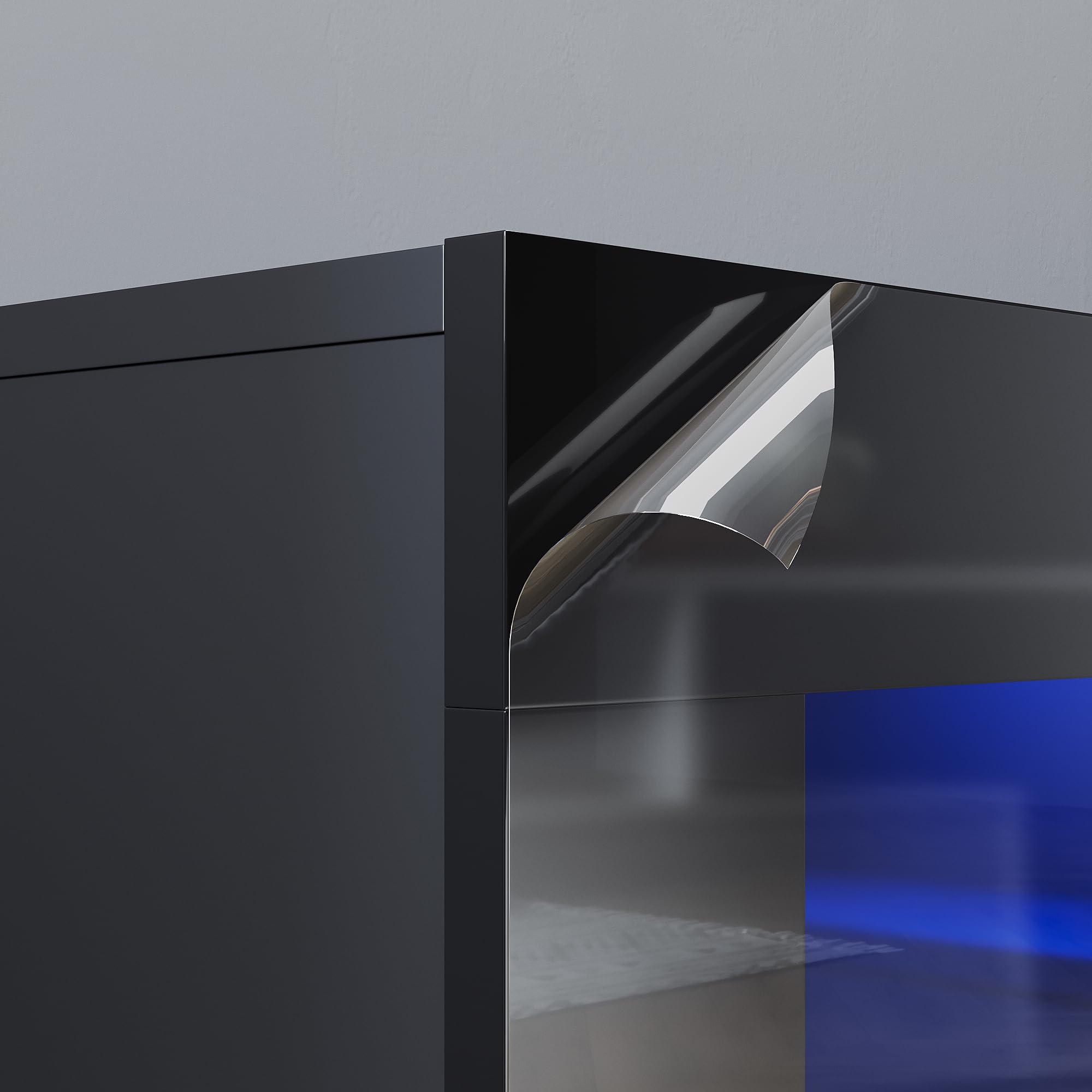 SONNI Mueble TV Negro con Luz LED Ajustable de 12 Colores con Mando a Distancia, Mesa TV Sálon Madera con Estantes Cristal 180 CM