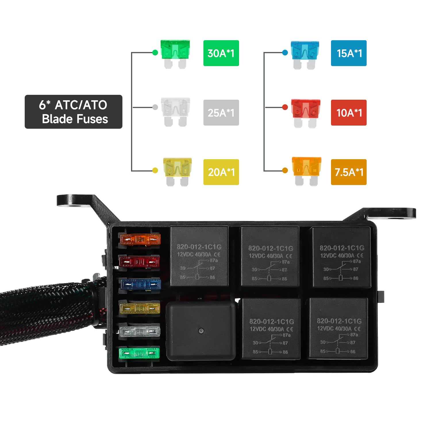 Pre-Wired Fuse Relays Block Kit,12V Fuse Relay & 6 ATC/ATO Blade Fuses,4Pin 5Pin Terminal 40A Relays Pre-Wired Waterproof Fuses Relay Box for Car Truck