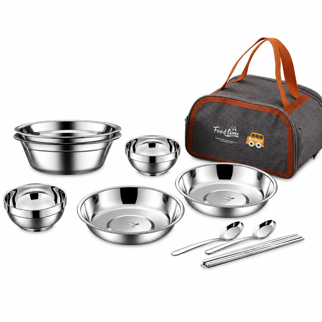 Camping Geschirr Set aus Edelstahl, stapelbar, für 2 oder 4 Personen, mit Besteck und Tasche