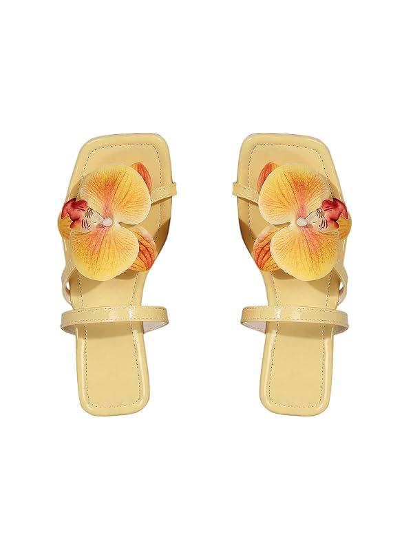 GORGLITTER Women's 3D Flower Flat Sandals Floral Square Open Toe Flip Flops Thong Summer Dressy 2026 Slides Shoes Yellow 9.5 by GORGLITTER - Used condition - US$15.30