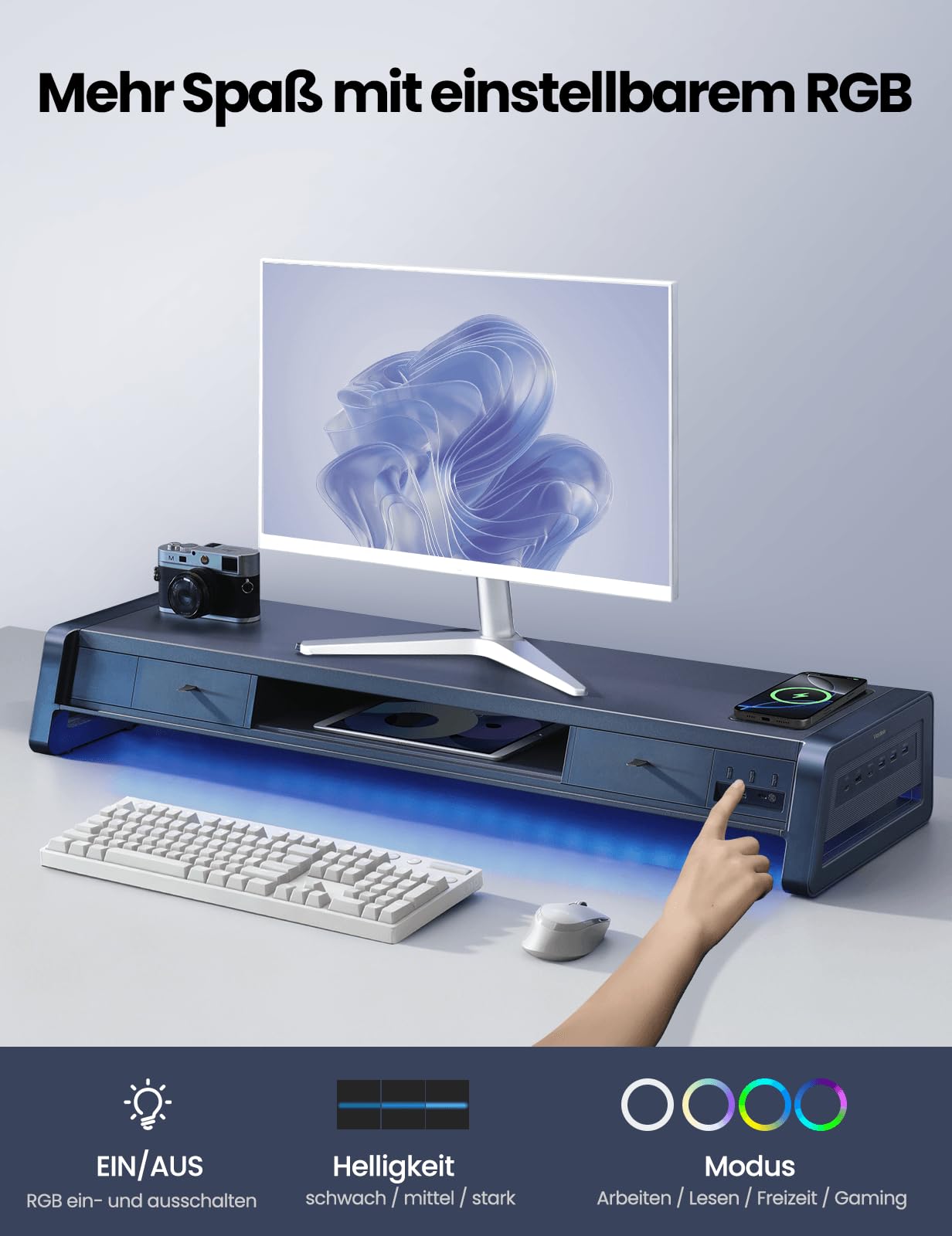 VAYDEER Monitorständer 2 Monitore Bildschirm Stand [Multi-USB] [Handy-Ständer] [Schublade] [Kabel Organizer] [4 LED Modi] Schreibtisch Erhöhung Zubehör Tischaufsatz für Laptop Computer 50kg (Weiß)