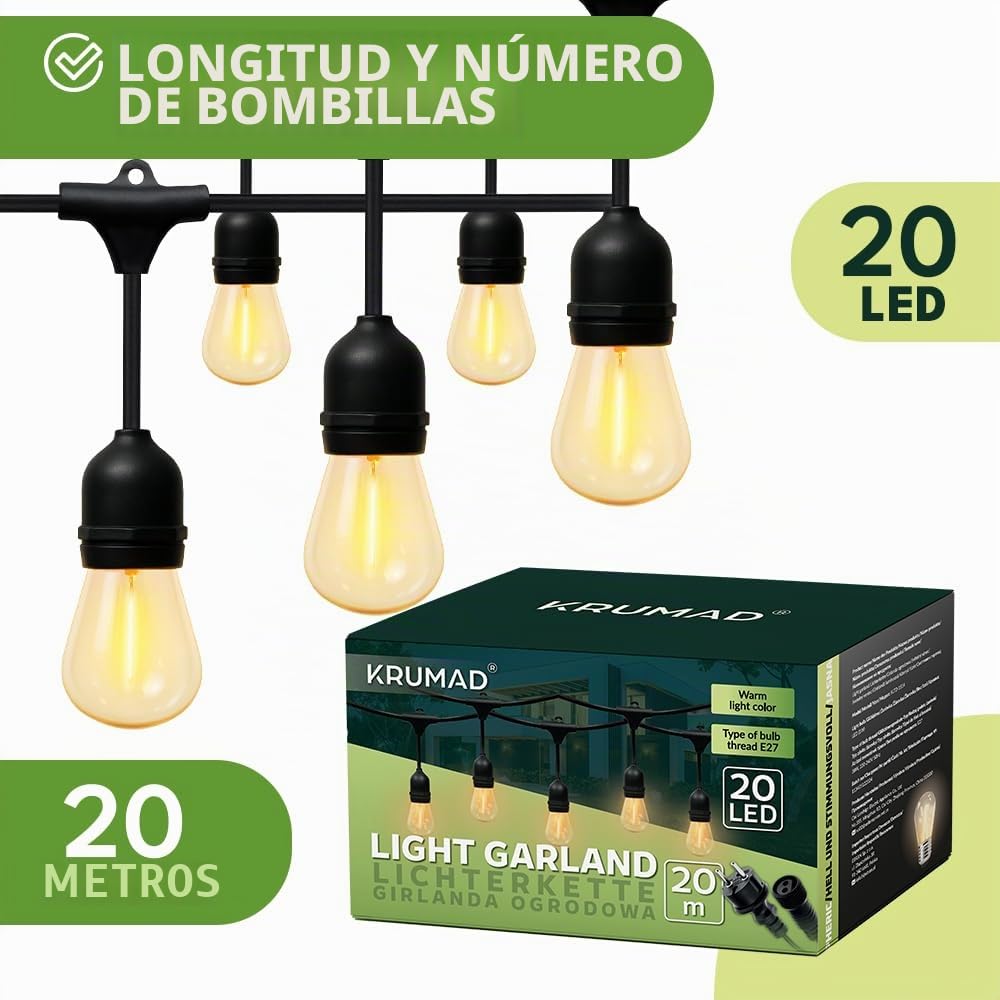 KRUMAD Cadena de luces LED para exteriores de 20 metros, E27, bombillas de luz cálida 2700K, resistente a la intemperie, cadena de luces para exteriores IP44 para jardín, balcón, terraza, decoración