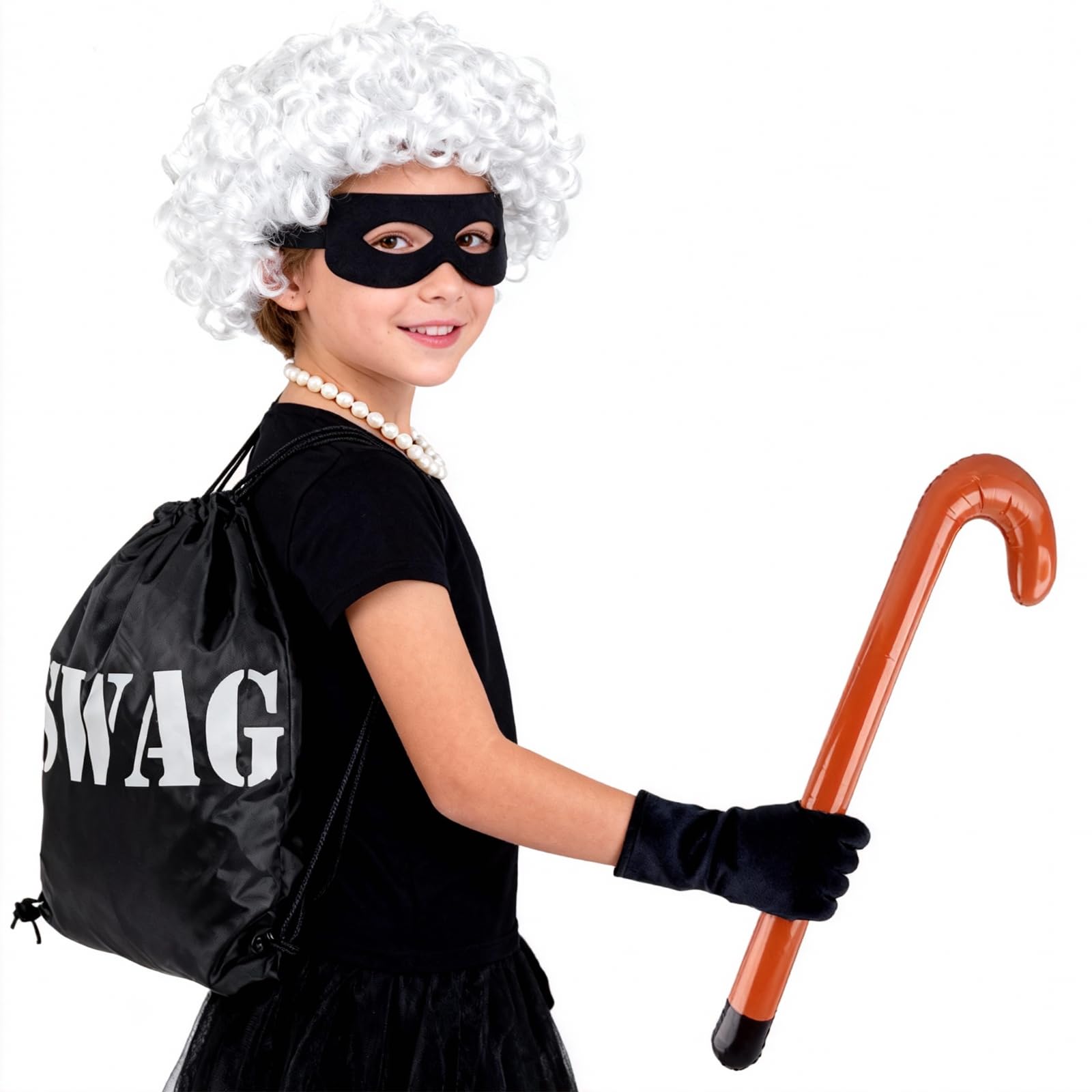 XDGBGFN Thief Granny Costume Set including Old Lady Wig Black Eyemask and Gloves Swag Bag pearl necklace Bracelet for adult World Kids Book Day Dress Up - Image 3