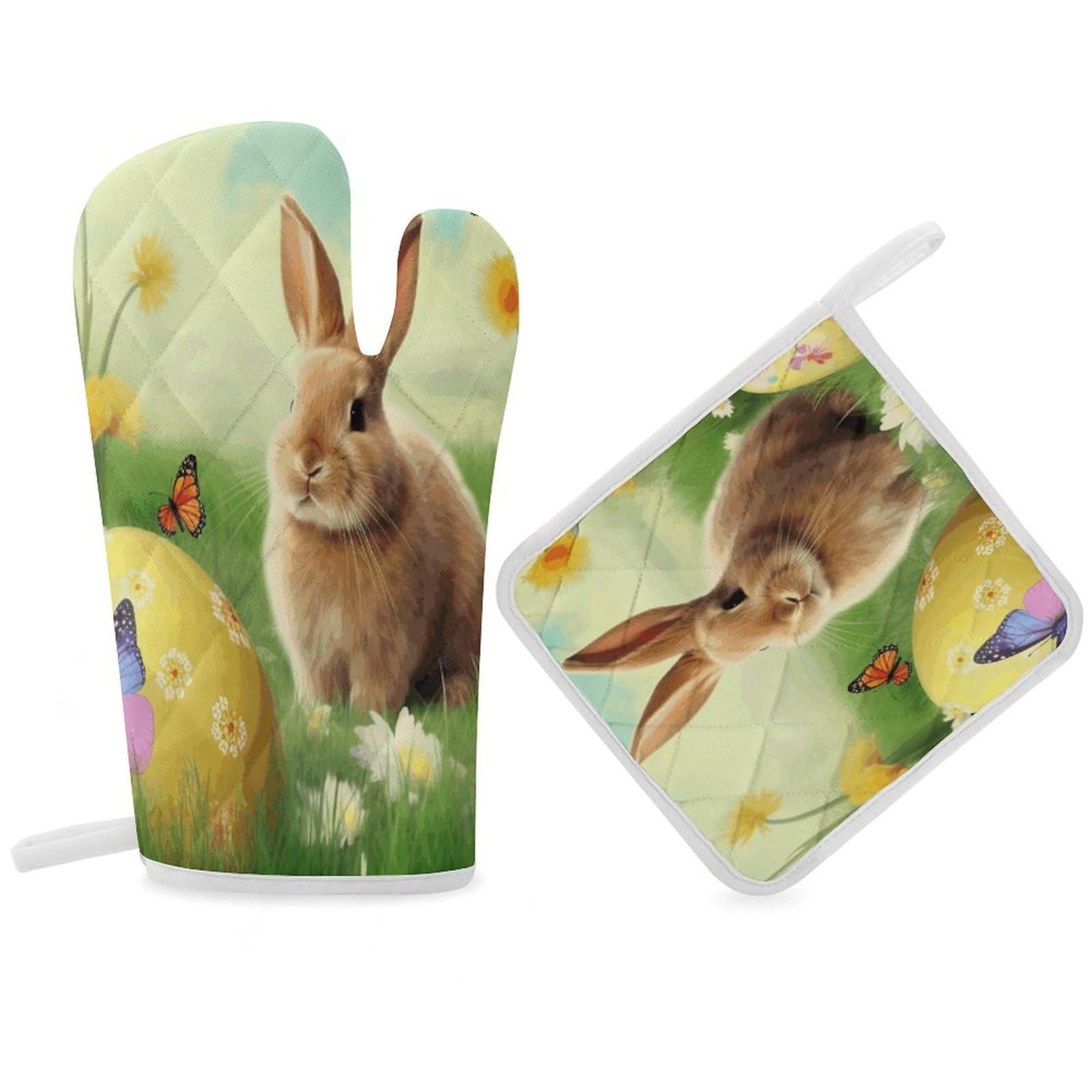 Fodpand Women's Style Easter Bunny Spring Butterfly Oven Mitts And Pot Holders Sets,Oven Gloves For Kitchen Oven Mitts And Potholders For Baking Cooking Grilling Apartment Essentials
