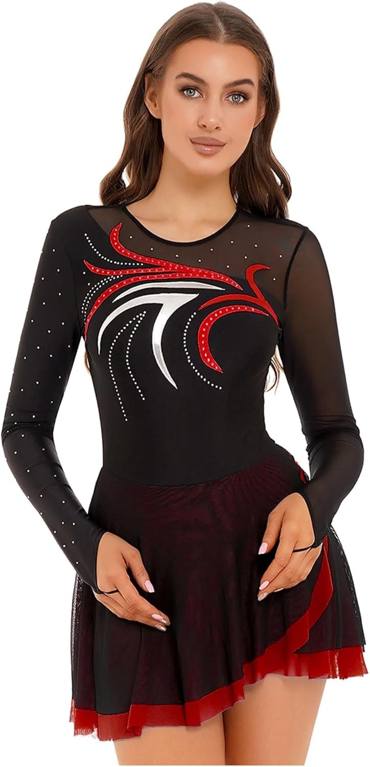 Ice Skating Clothes Womens Sheer Patchwork Figure Skating Dresses Dancewear Ballet Dance Leotard