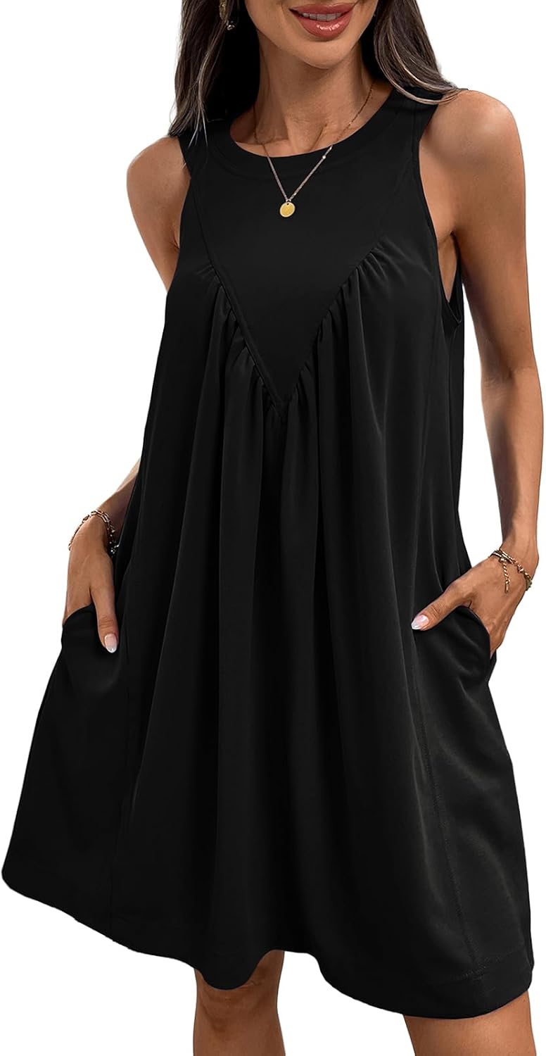 Women's Vacation Sleeveless Mini Dress Casual Crew Neck Tank Dress Flowy Beach Petite Sundress with Pockets