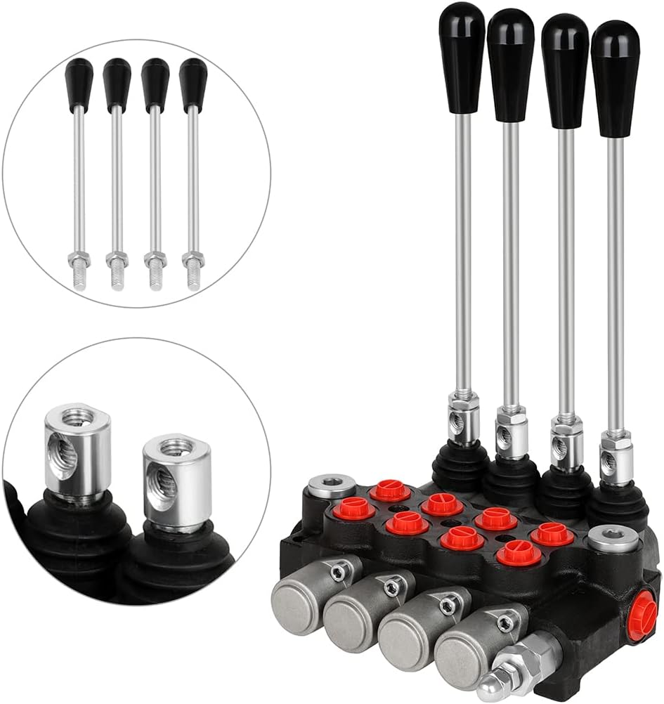 Hydraulic Flow Control Valve 4 Spool 11 GPM G Ports Adjustable Relief Lever Handle Double Acting Parallel Center Tractor Loader W/Joystick Small Tractors/Tanks Loaders Log Splitters 3600 PSI