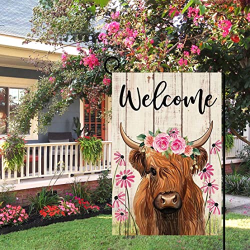 Ortigia Welcome Spring Floral Cow Garden Flag Burlap Double Sided Vertical 12X18 Inch Farmhouse Highland Cow Yard Decor Spring Summer Daisy Flowers Porch Flag Rustic Seasonal Outdoor Flag #TOP2
