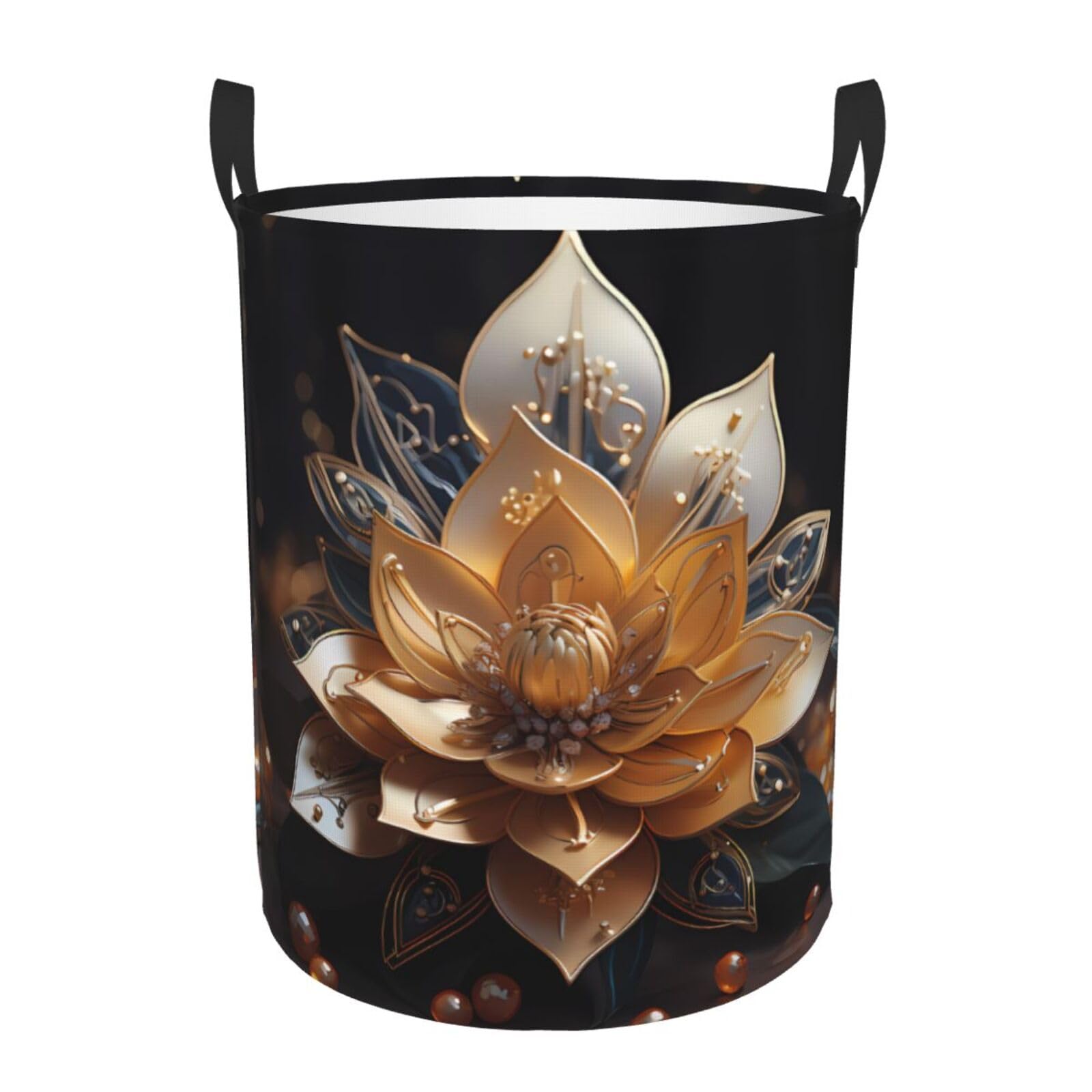 S Collapsible White delicate lotus flower Print Circular Hamper Round