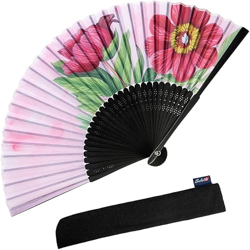 Salutto Abanicos de tela con patrón floral de mano, ideales para bodas, fiestas y eventos en la iglesia, peonía rosa