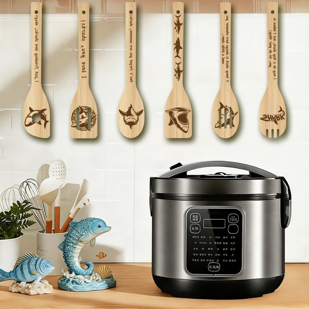 6Pcs 6 Styles Shark Cooking Utensils Set for Kitchen 2.4 x 11.8 Inch Bamboo Durable Spatula, Cute Kitchen Wooden Spoons for Housewarming Wedding Anniversary Thanksgiving Birthday Gift Use image 5