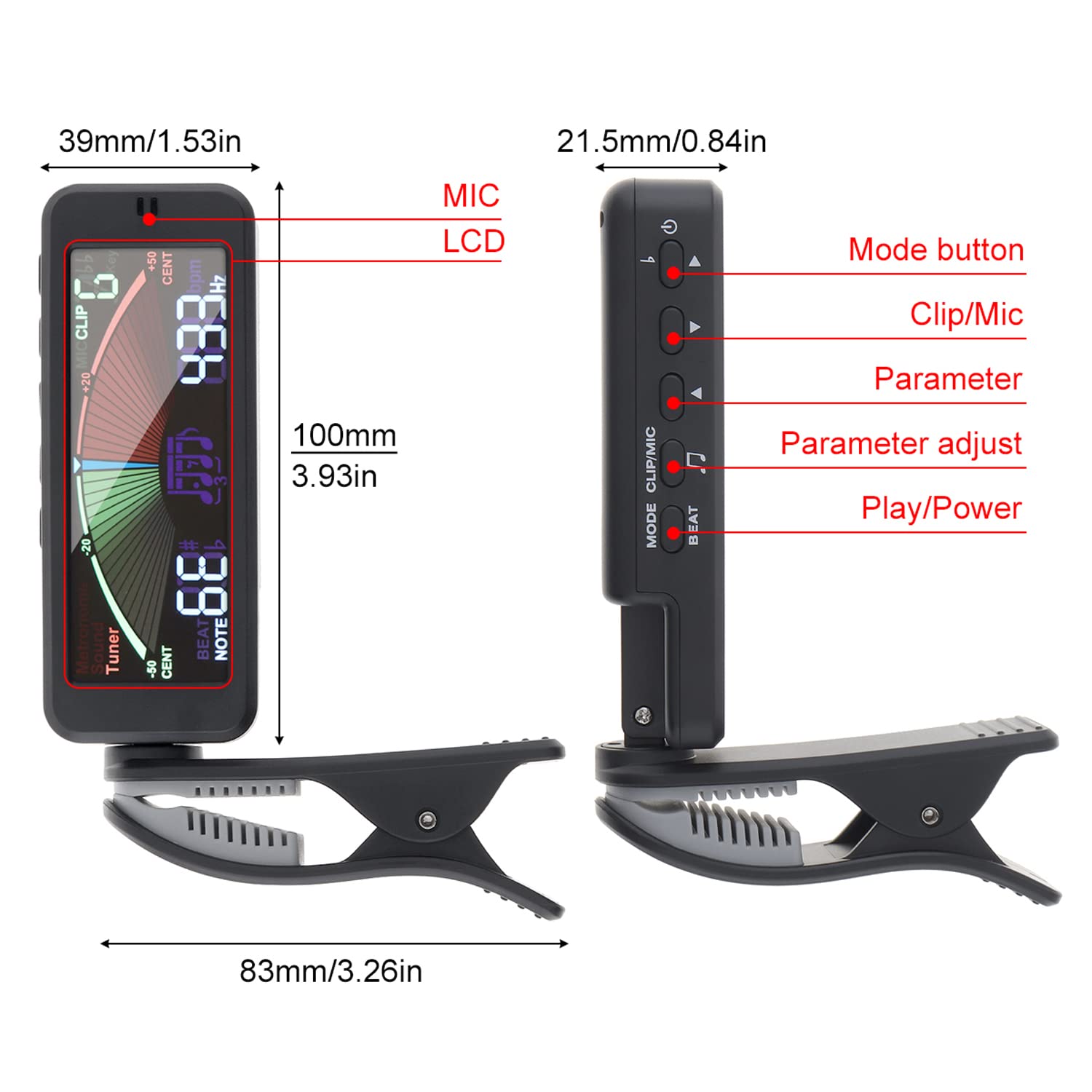 Accordatori per Chitarra, metronomo Digitale 3 in 1, generatore di Suoni con Ampio Schermo LCD a Clip per Chitarra Acustica cromatica, Basso, Ukulele, Violino