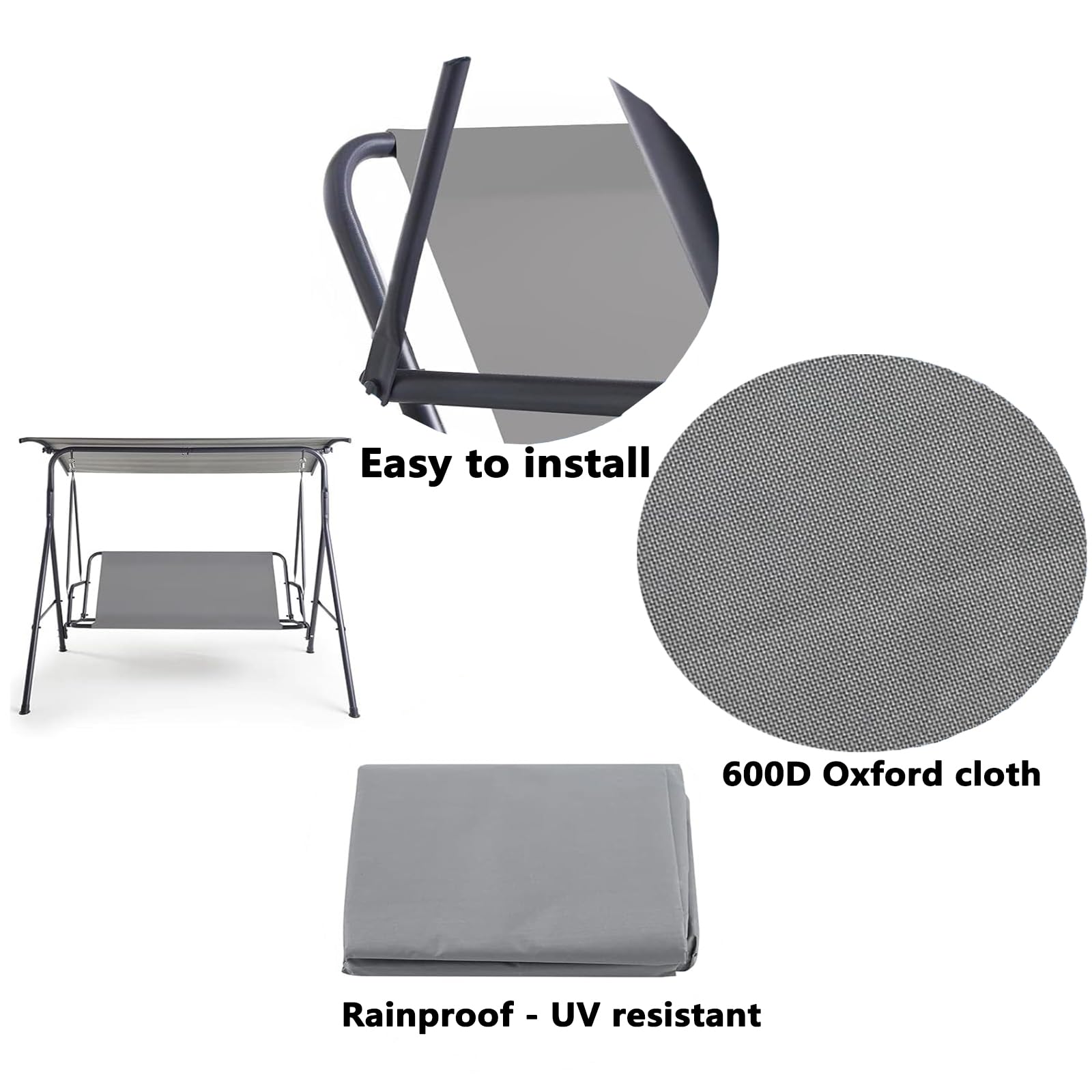 Coprisedile da Giardino Dondolo, Oxford 600D Altalena di Ricambio Fodera Panca 2 e 3 Posti Impermeabile e Antistrappo resistente ai raggi UV Copertura Sedia Veranda Cortile (Gray,160*58*58cm)