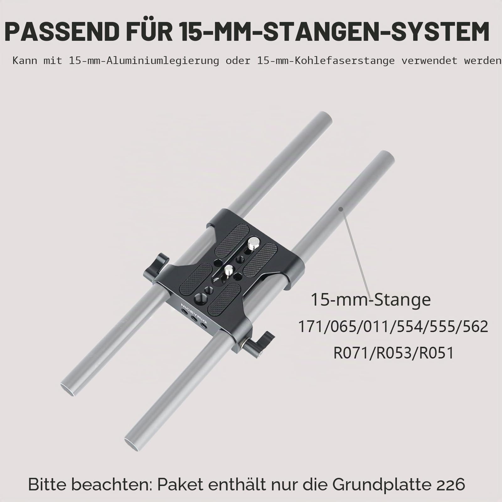 NICEYRIG Mehrzweckkamera Grundplatte mit 15 mm Stangenschienenklemme für das DSLR Rig Support System