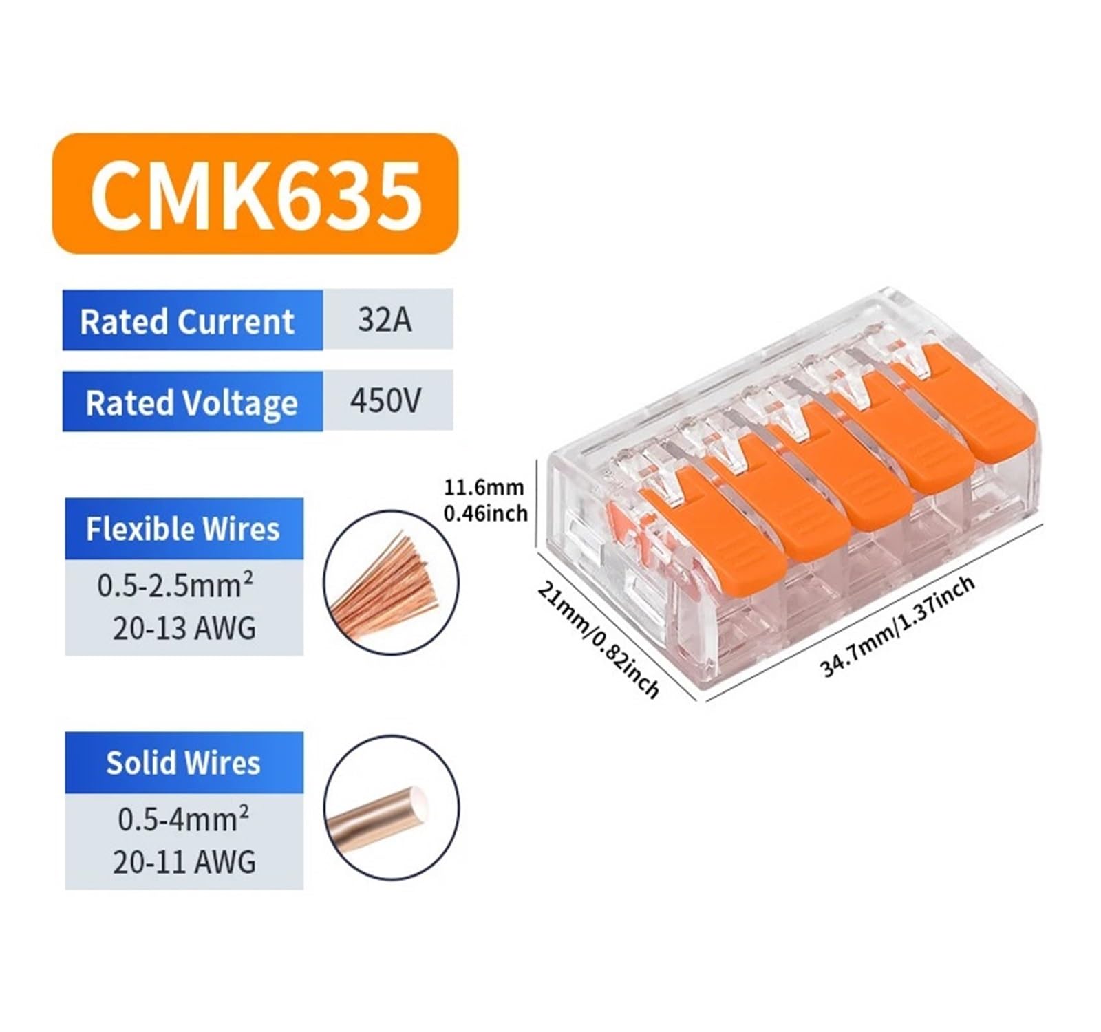 50 connettori for apparecchiature elettriche parallele a leva compatta rapida, morsettiere for connettori a cavo rapido 34-11AWG(CMK635-50Pcs)