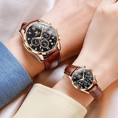 Miniatura 3 de OLEVS Juego de 2 relojes de cuarzo para parejas de San Valentín para él y ella cronógrafo de cuero reloj de pulsera de diamante para hombres mujeres
