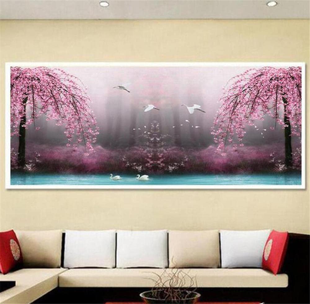 Peinture diamant 5D grand format 60x120 cm paysage de lac et cerisiers pour décoration murale