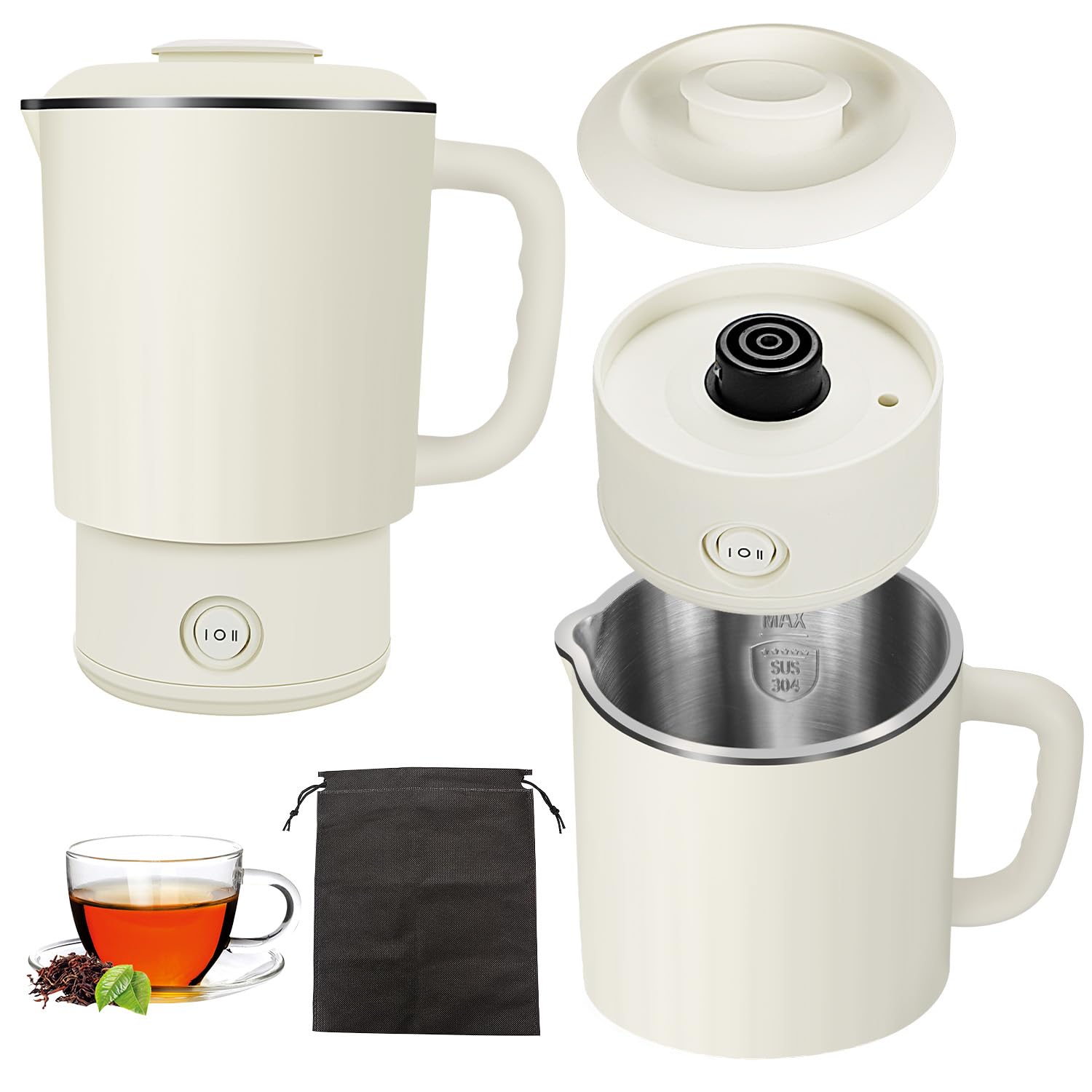 ANYOUI 4 in 1 Electric Kettle,0.8L Portable Kettle with Two Temperature Modes for Cooking, Tea, Eggs,5Mins Fast Boiling,600W Stainless Steel Kettle with Detachable Base for Camping, Travel,and Office