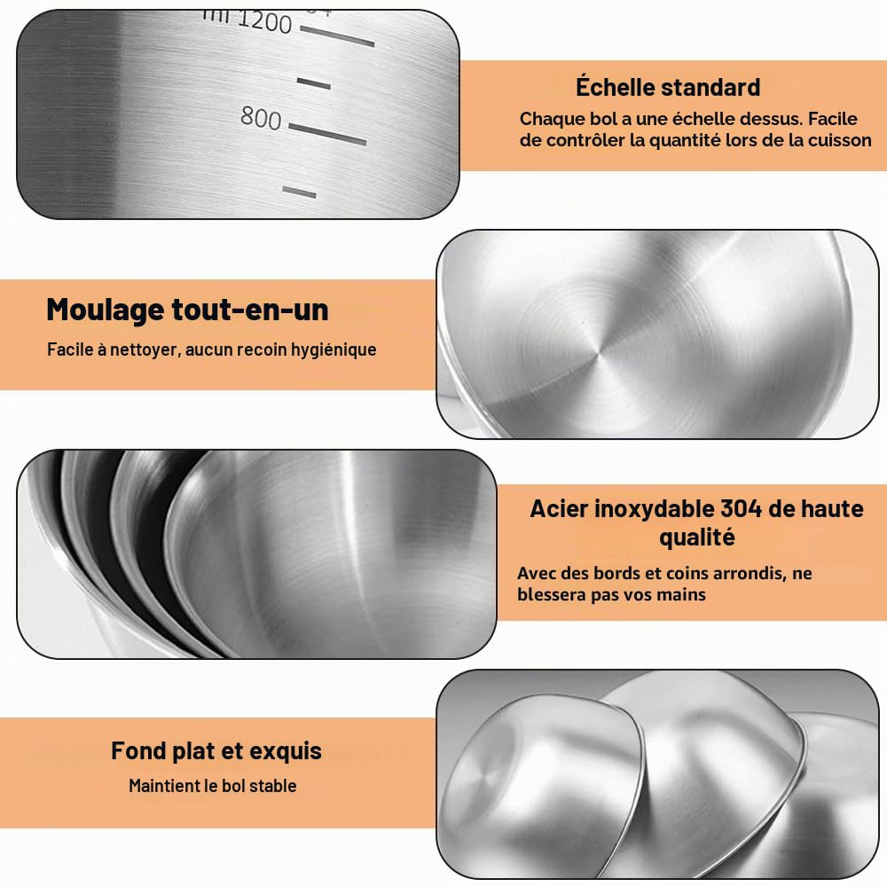 ADERTOS 4PCS Bols Mélangeurs en Acier Inoxydable - Bol à Mixer, Cul de Poule, Saladier Antidérapant et Bâtonnet à Remuer pour Cuisson et Pâtisserie