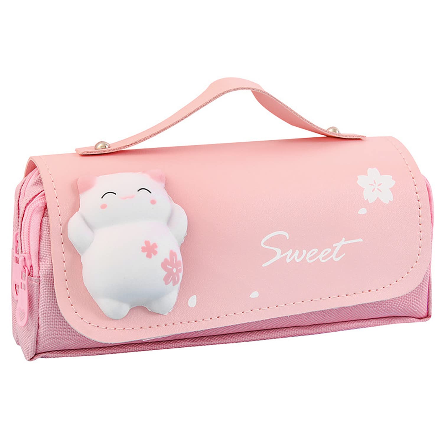 Estuche Escolar Estuche de Lápices de Gatito Kawaii Gato Rosa Gran Capacidad con 3 Compartimentos Cremalleras Solapa Estuche de lápices Multifuncional para colegio de Niñas Adolescentes Adultos