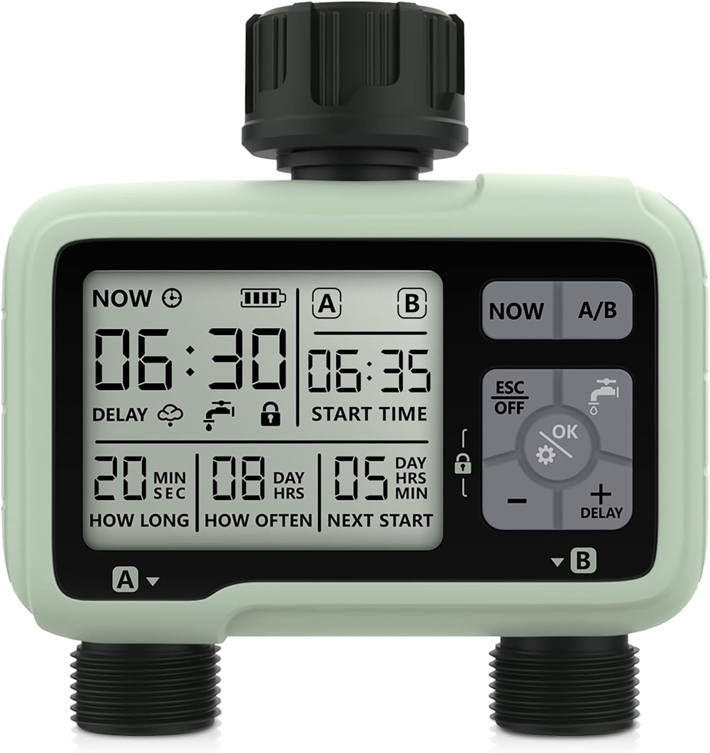 CROSOFMI Water Timer 2 Outputs Garden Water Timer Automatic Irrigation/LCD Screen/Easy Operation/Child Lock/Heavy Rain Delay/Manual Irrigation