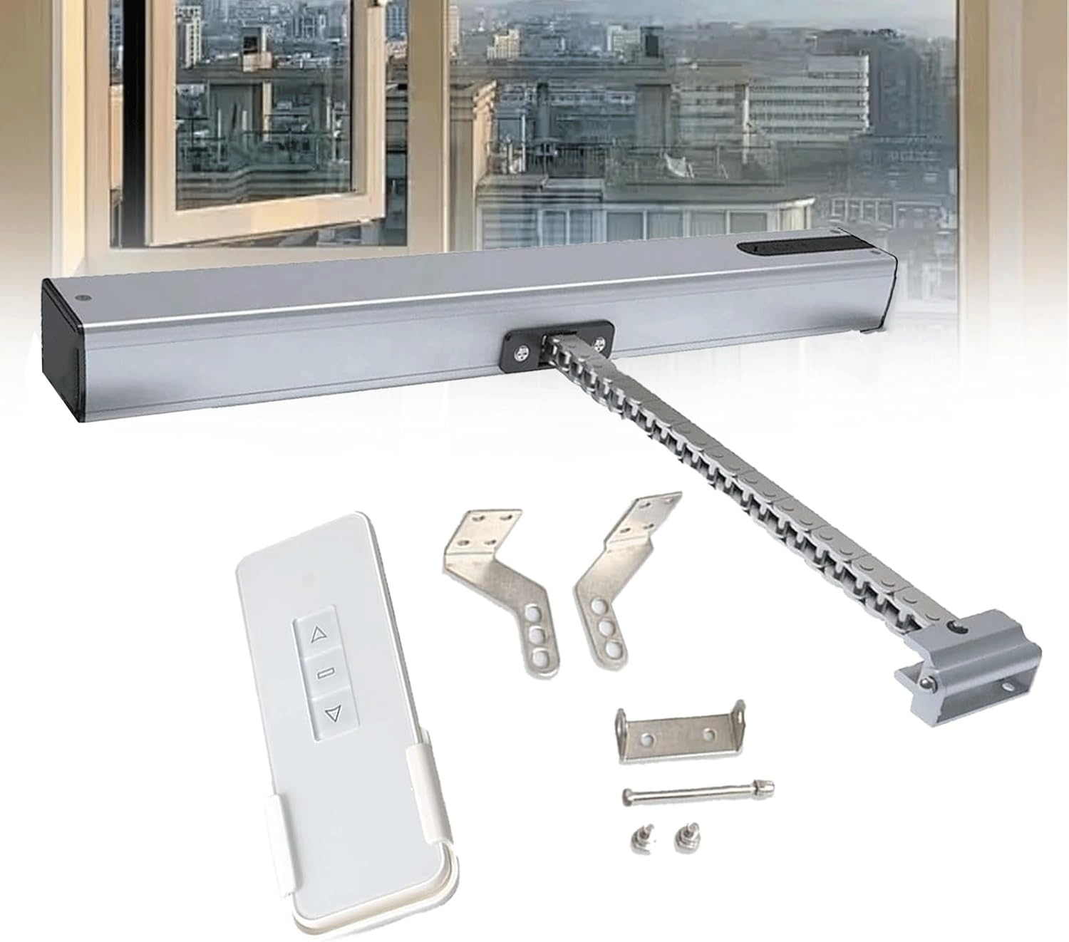 Abridor de ventana de cadena 24V CC motorizado con carrera de 400 mm y mando a distancia