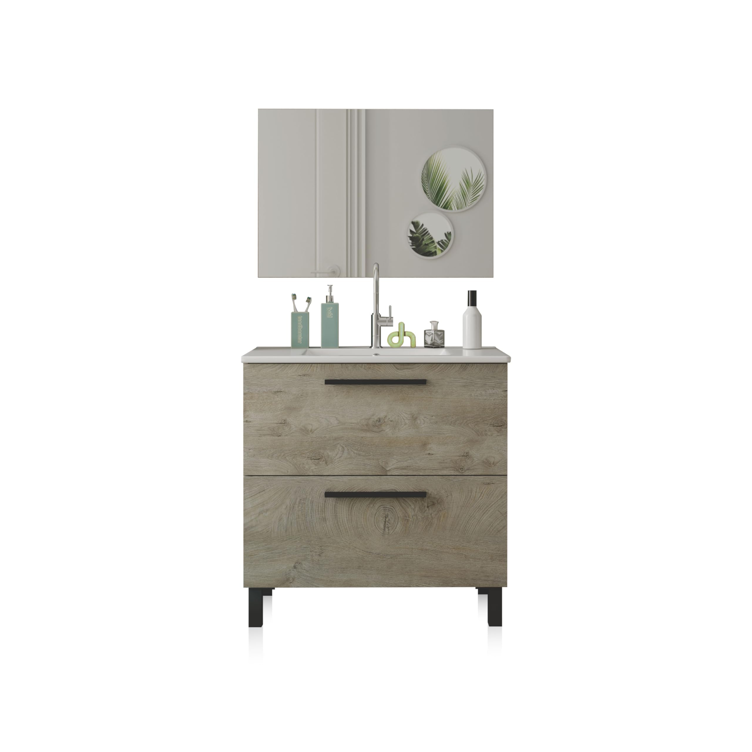 duehome | Mueble de Baño con 2 Cajones y Espejo, Modulo Lavabo, Modelo Sense, Acabado en Roble Alaska, Medidas: 80 cm (Ancho) x 80 cm (Alto) x 45 cm (Fondo)