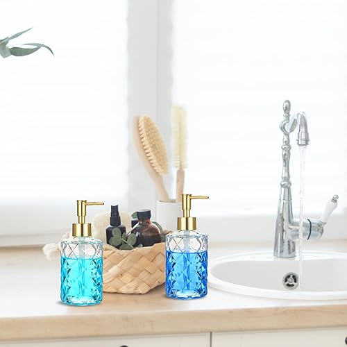 Miniatura 3 de Paquete de 3 dispensadores de jabón de vidrio en relieve de diamante con bomba de plástico dorado, dispensador de jabón de baño de 12 onzas,