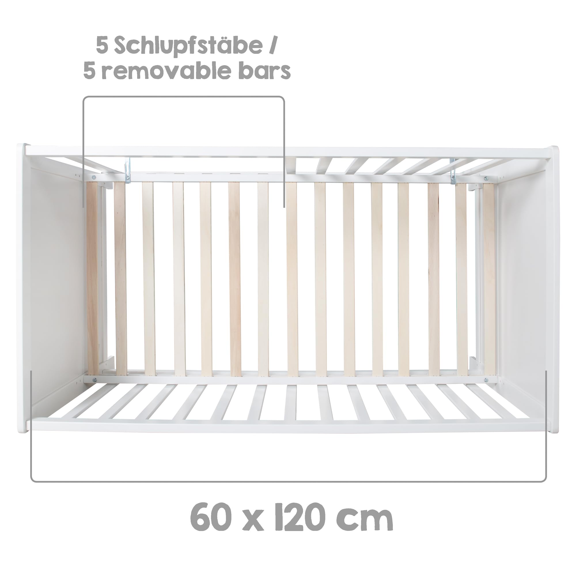roba Lettino Co-sleeping 2 in 1, 60 x 120 cm, Rete a Doghe + Inserto, Trasformabile in Lettino Indipendente, Regolabile in Altezza, 5 Barre Rimovibili, Legno Laccato Bianco