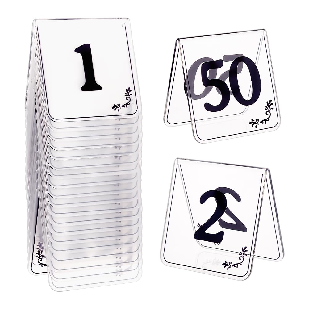 OLYCRAFT 50 letreros acrílicos de números de mesa de 1 a 50 unidades, de doble cara, transparentes, números de mesa de tienda de campaña, números de mesa de boda, banquetes, recepciones