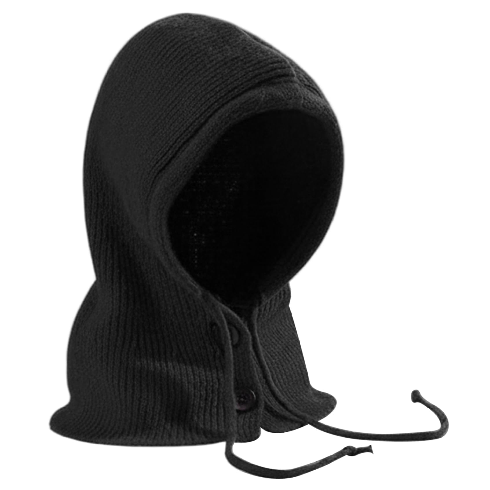 Hooded Scarf Warm Knit Hooded Scarf with Drawstring and Button, Windproof Winter Hat and Combo for Women and Men, Black