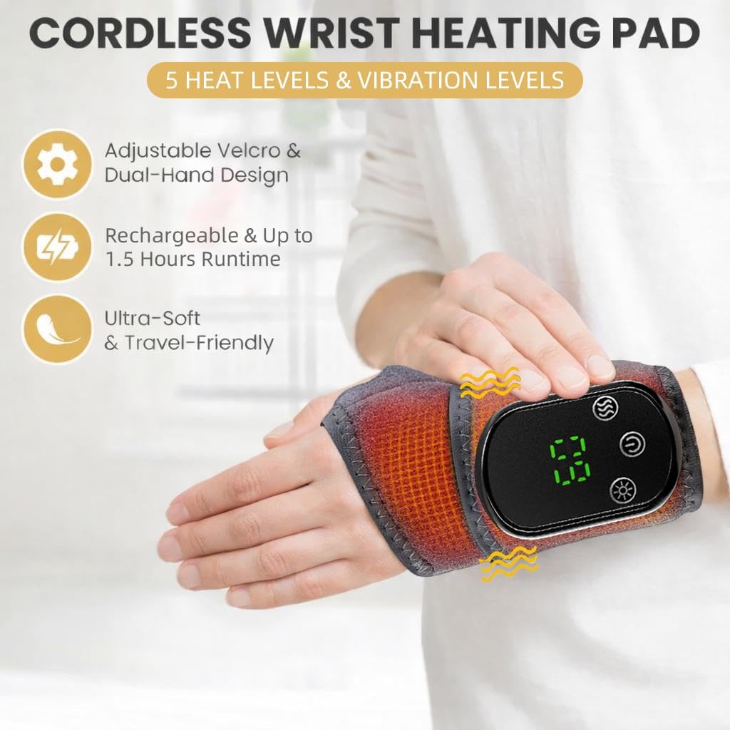 cordless wrist heating pad with massage-like vibration, rechargeable heated hand & wrist wrap for work, sports, typing & daily comfort, 30-min auto-off black