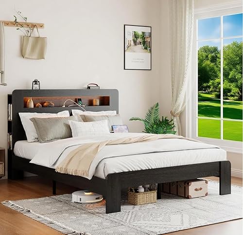 Miniatura 10 de Estructura de cama de madera tamaño Queen con cabecero de almacenamiento, estructura de cama de plataforma estilo granja con estante de biblioteca y
