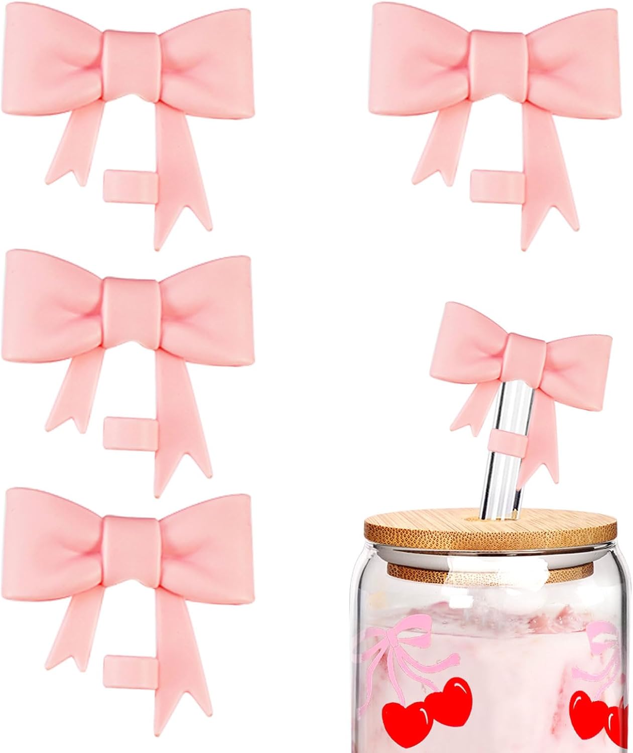 Bow Straw Covers Cap Toppers - Cute Pink 10mm/0.4in Reusable Silicone Straw Toppers for Tumblers, Travel Mugs, and Glass Cups (50)