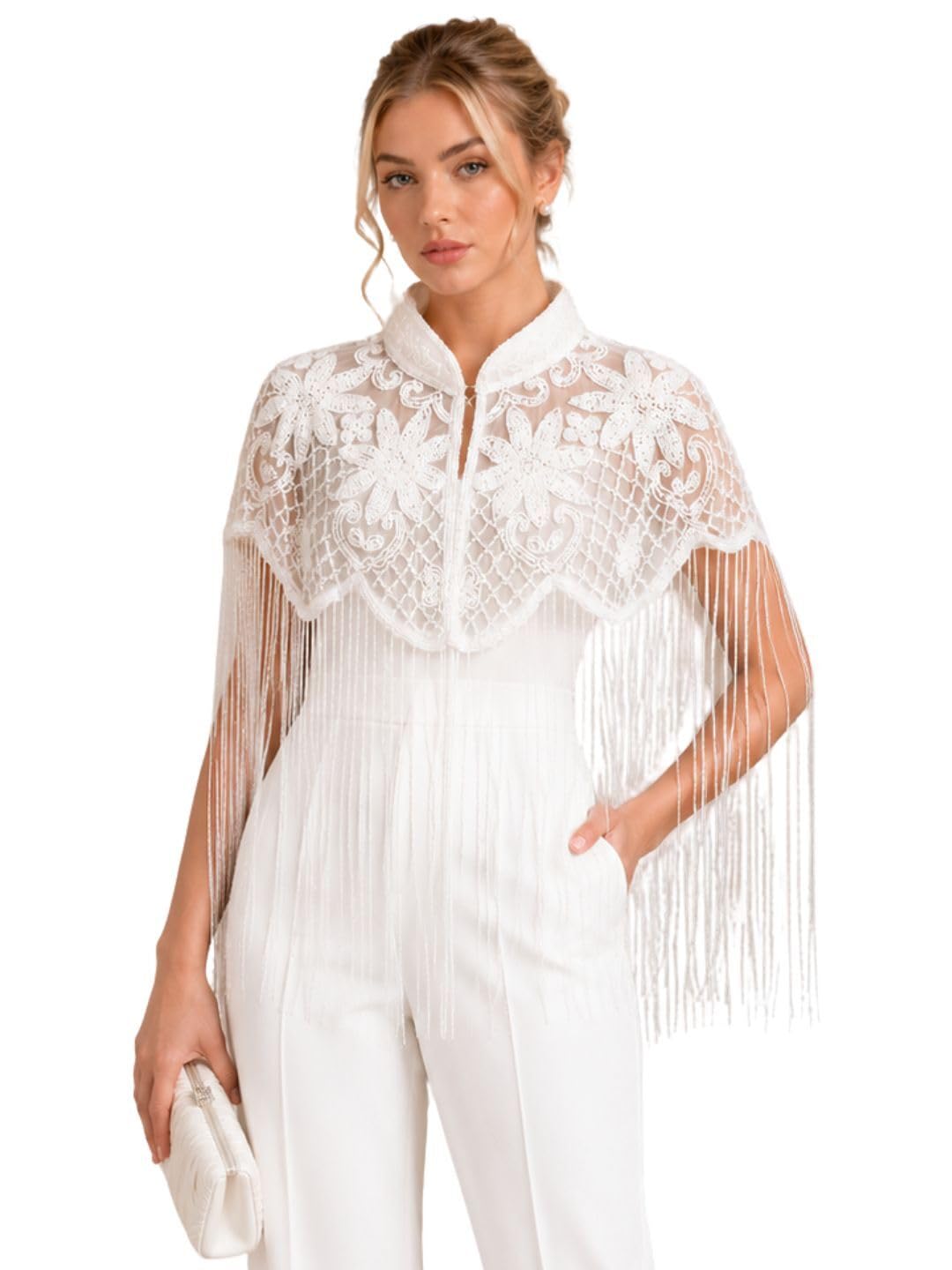 Women’s Elegant White Lace Fringe Cape Shrug Stylish Party Wedding Fashion Statement Overlay Jacket-picture-55