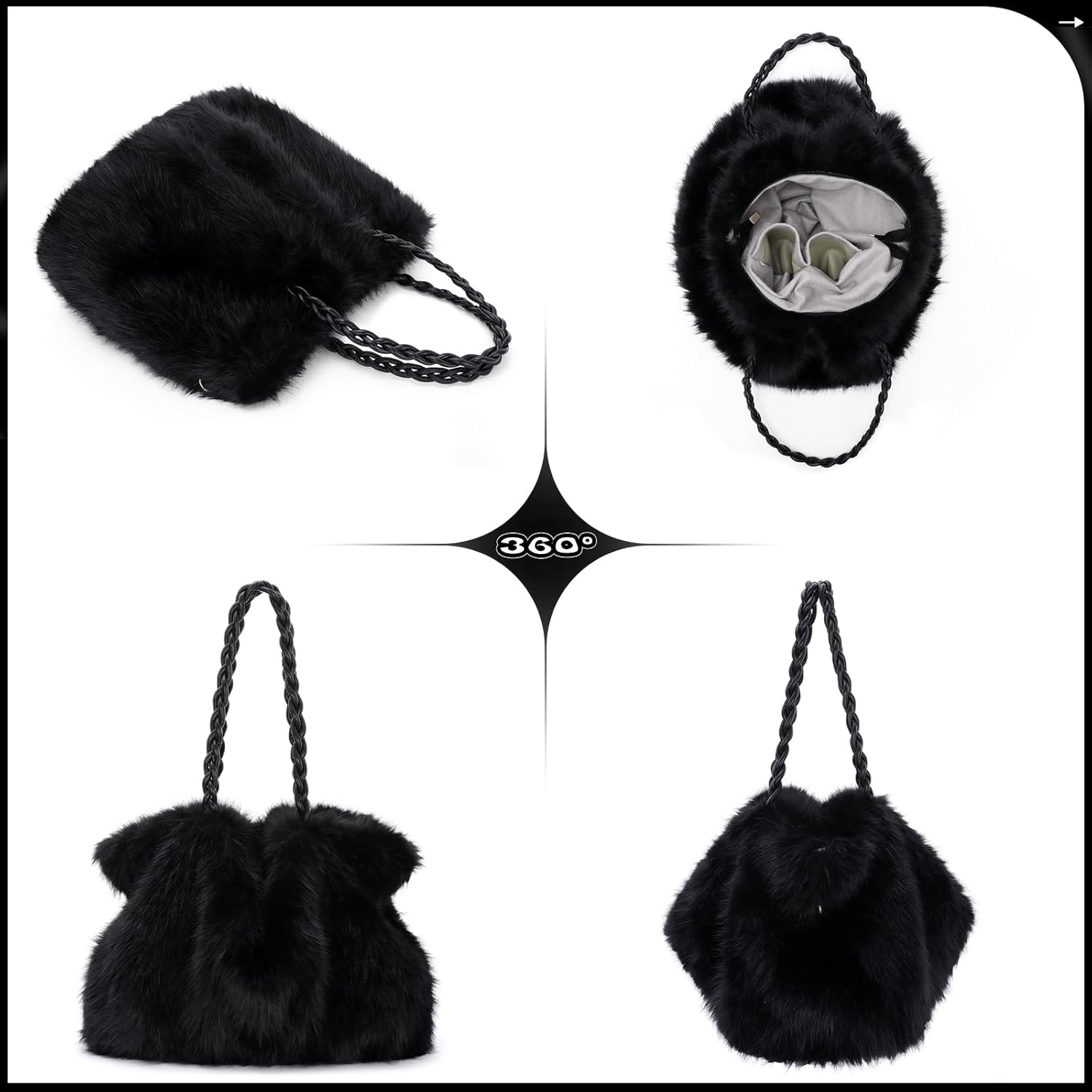 GOKTOW Faux Fur Purse for Women, Soft Fluffy Furry Fuzzy Handbag,3-Way Carry Tote Bag for Winter Daily Commute Shopping