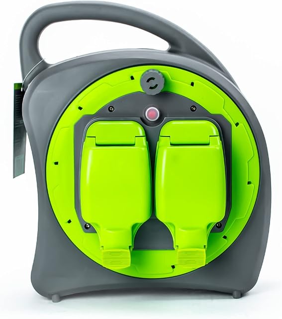 STATUS 2 Socket Cable Reel | 20m Green Waterproof Extension Lead | 13A with Thermal Cut Out | Heavy Duty Outdoor Extension Lead | S20M2G13AIP54CR2 , Black